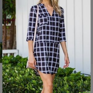 SOLD Black & White Windowpane Notch Neck Shift Dress, M